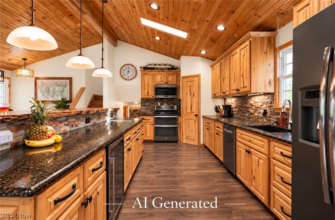 7996 Buffham Road Lodi, OH 44254 - Photo 6 of 40 Vaulted wood-paneled ceiling with recessed lighting and skylight, wood-finish flooring, wood cabinetry with black hardware, stone countertops, and a stacked stone backsplash