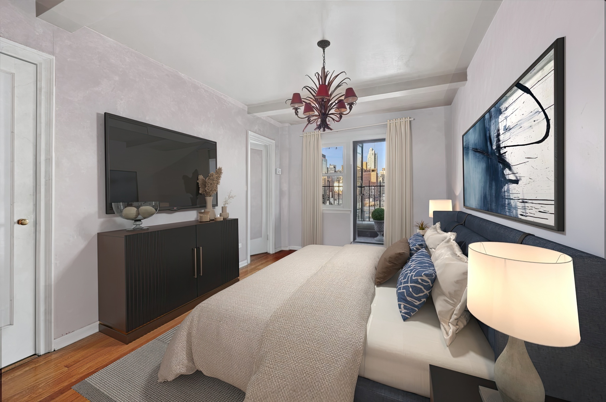 225 East 73rd Street, Unit 11D Manhattan, NY 10021 - Photo 6 of 12 a bedroom with a bed a mirror on dresser and a flat screen tv