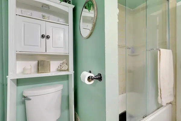 a bathroom with a shower a mirror and toilet