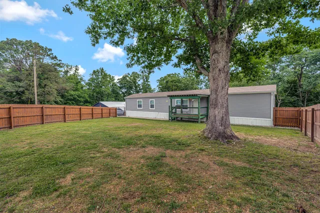 a view of a yard with a house and a large tree