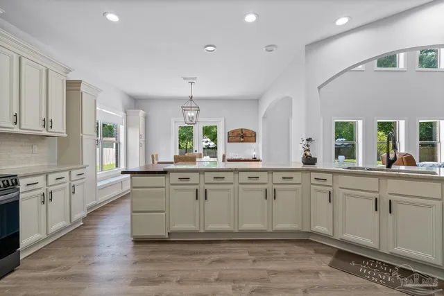 a view of cabinets and window