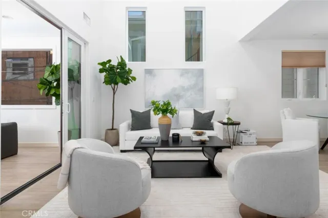 a living room with furniture potted plant and a mirror