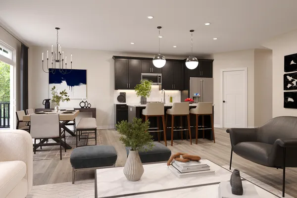 a living room with furniture or kitchen and a chandelier