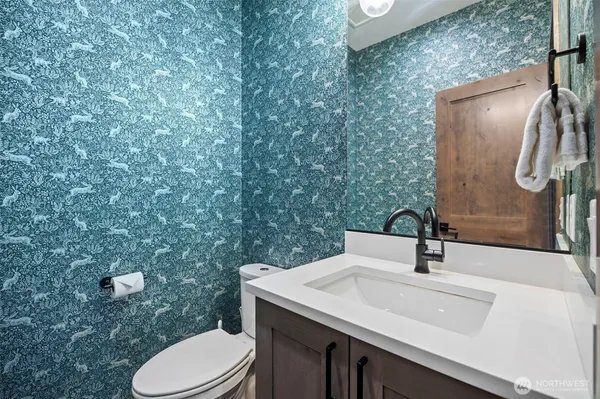 a bathroom with a sink vanity and toilet