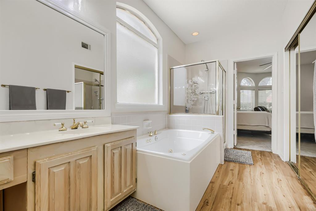 1413 West Peters Colony Road Carrollton, TX 75007 - Photo 20 of 29 a bathroom with a sink a mirror and a bathtub