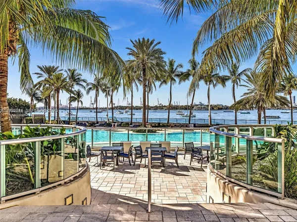 view of a swimming pool with a yard