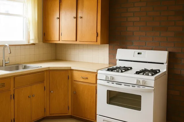 a kitchen with granite countertop a stove a sink and white cabinets