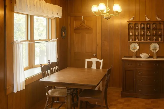 a view of a dining room with furniture and chandelier