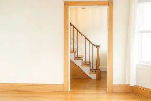 a view of a hallway with wooden floor