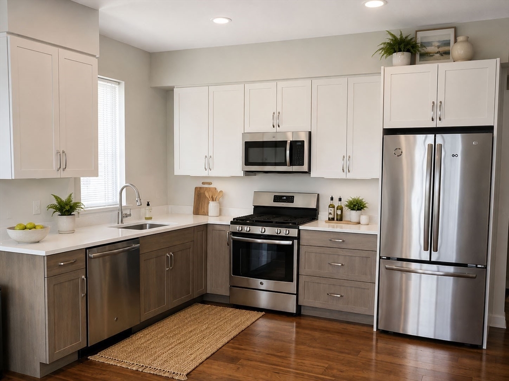3531 Washington Street, Unit 402 Boston, MA 02130 - Photo 6 of 11 a kitchen with a refrigerator stove and sink with wooden floor