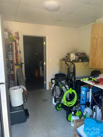 a view of a garden with plants and a bench