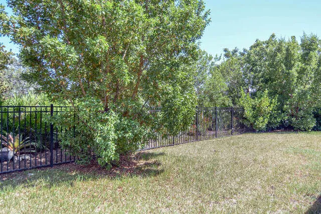 a view of backyard with a garden and entryway