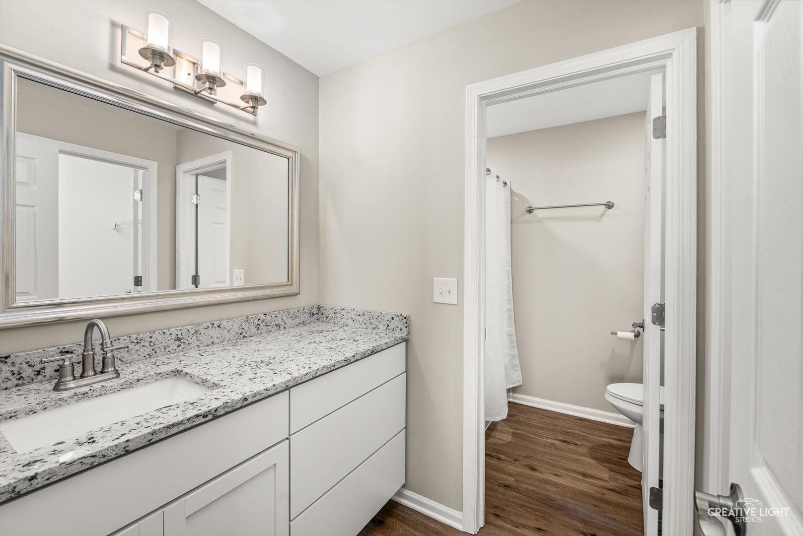 308 Alyssa Street Plano, IL 60545 - Photo 9 of 10 a bathroom with a granite countertop sink and a mirror
