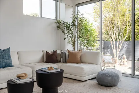 a living room with furniture and a potted plant