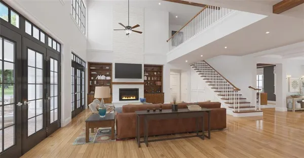 a view of a a dining hall with many windows