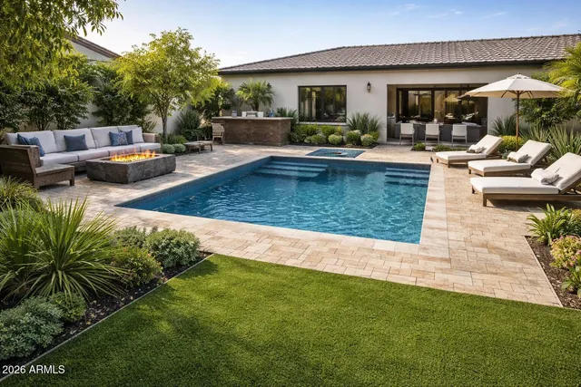 a view of a house with swimming pool and sitting area