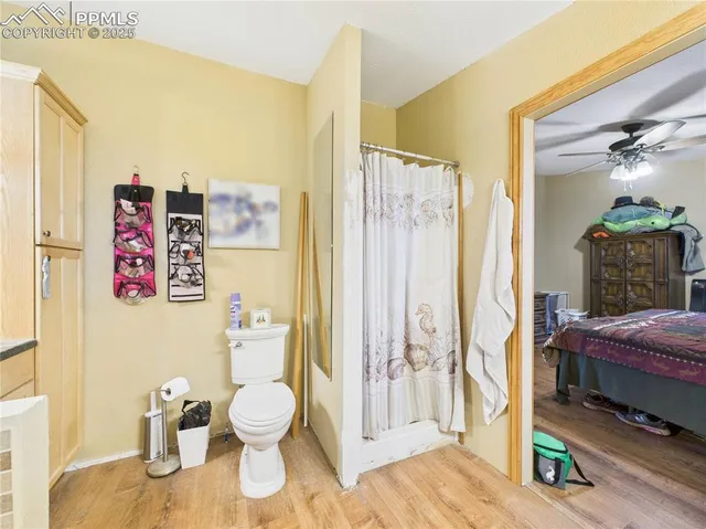 a bathroom with a toilet and a shower
