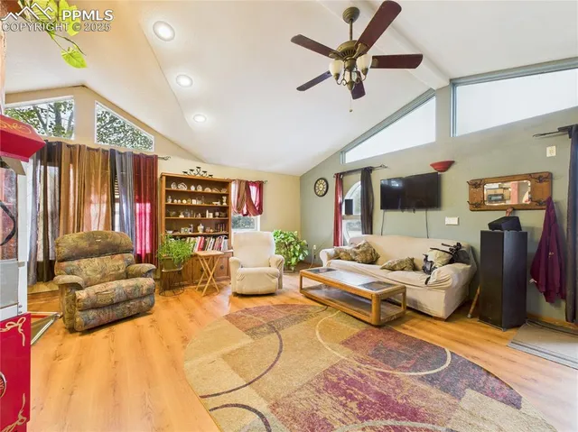 a living room with furniture ceiling fan and a rug