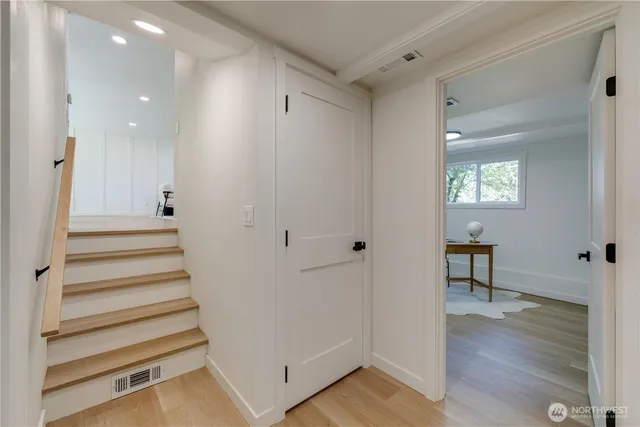 a view of a workspace with furniture and wooden floor