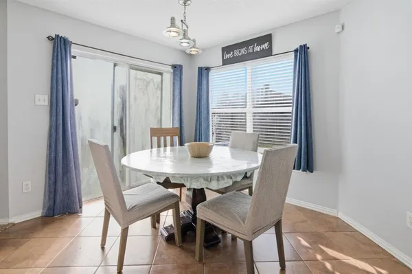 a view of a dining room with furniture and window