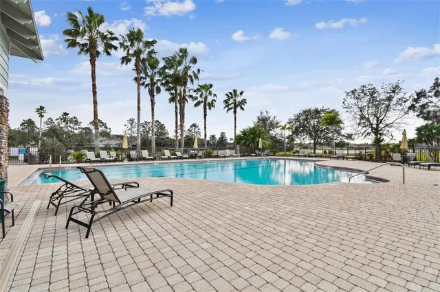 a view of a swimming pool with a patio and a lake view