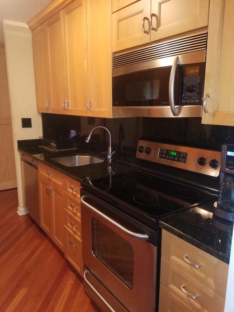 Undisclosed Address Chicago, IL 60613 - Photo 11 of 16 a kitchen with granite countertop a stove and a microwave