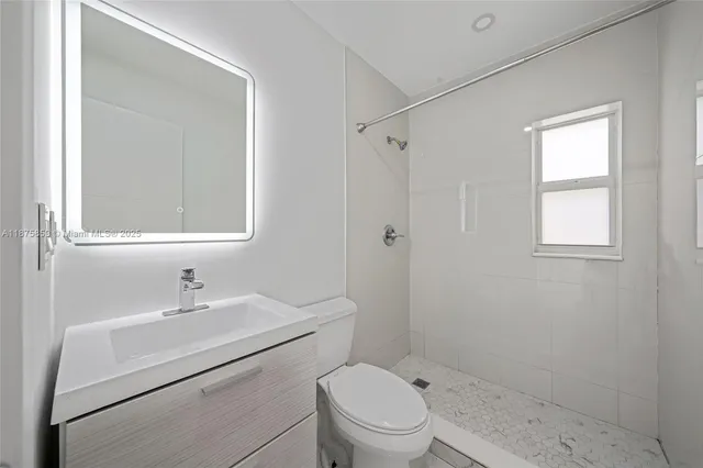 a bathroom with a toilet a sink a mirror and vanity