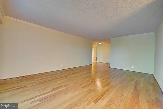 a view of empty room with wooden floor
