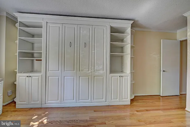 a view of empty room with wooden floor and cabinet