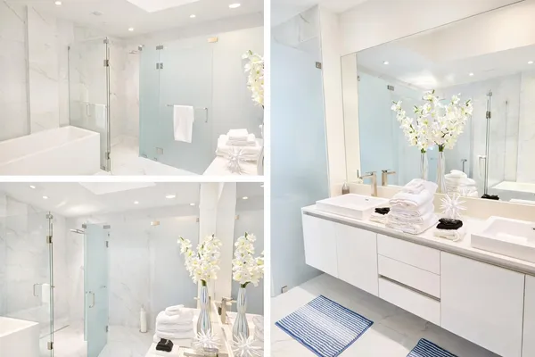 a bathroom with a sink double vanity mirror and