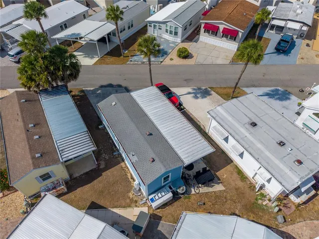 an aerial view of an buildings and street
