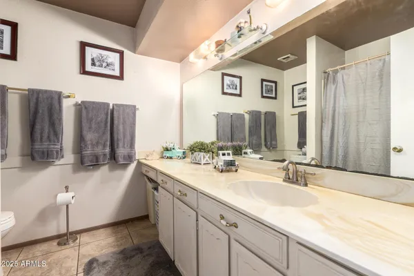 a bathroom with double vanity sinks a large mirror and a shower