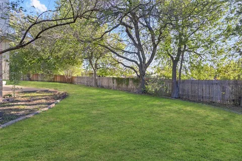 a view of a yard with an tree and wooden fence