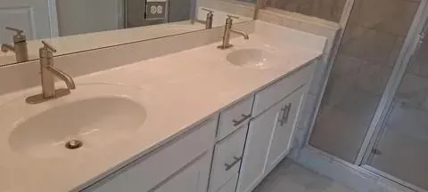 a bathroom with a sink and a shower