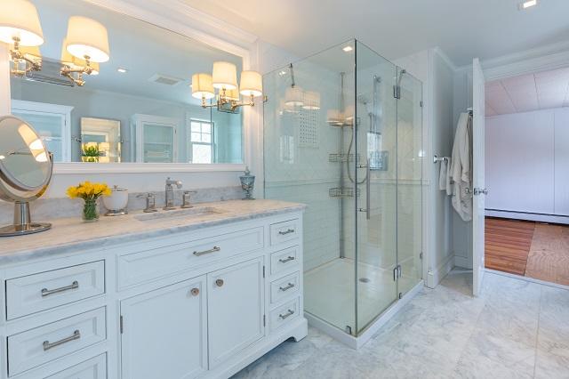56 Nickerson Road Cotuit, MA 02635 - Photo 22 of 36 a bathroom with a granite countertop double vanity sink mirror shower and double