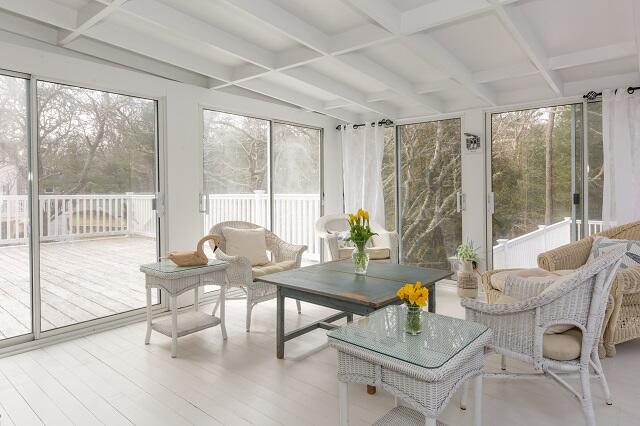 56 Nickerson Road Cotuit, MA 02635 - Photo 29 of 36 a living room with furniture and a large window with wooden floor