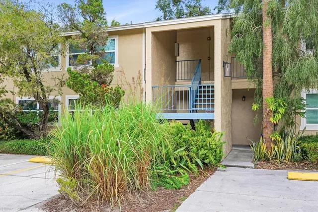 front view of house with potted plants