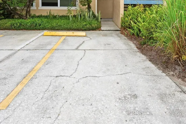 a view of backyard with plants and outdoor seating