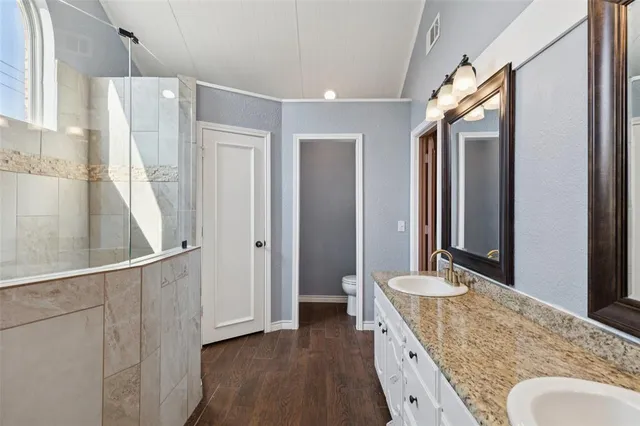 a bathroom with a granite countertop sink toilet and shower