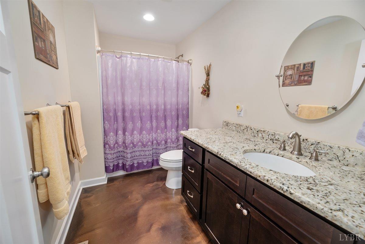 4625 Lowry Road Goode, VA 24556 - Photo 26 of 56 a bathroom with a granite countertop sink a mirror a vanity and a shower