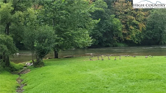 a view of a water pond with green yard