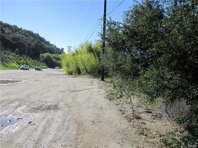 a view of a dirt road with trees in the background