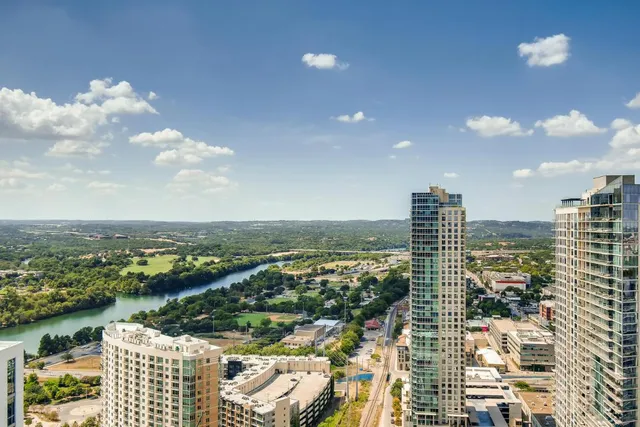 a city view with tall buildings