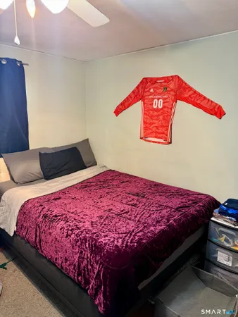 a bedroom with a bed and a book shelf