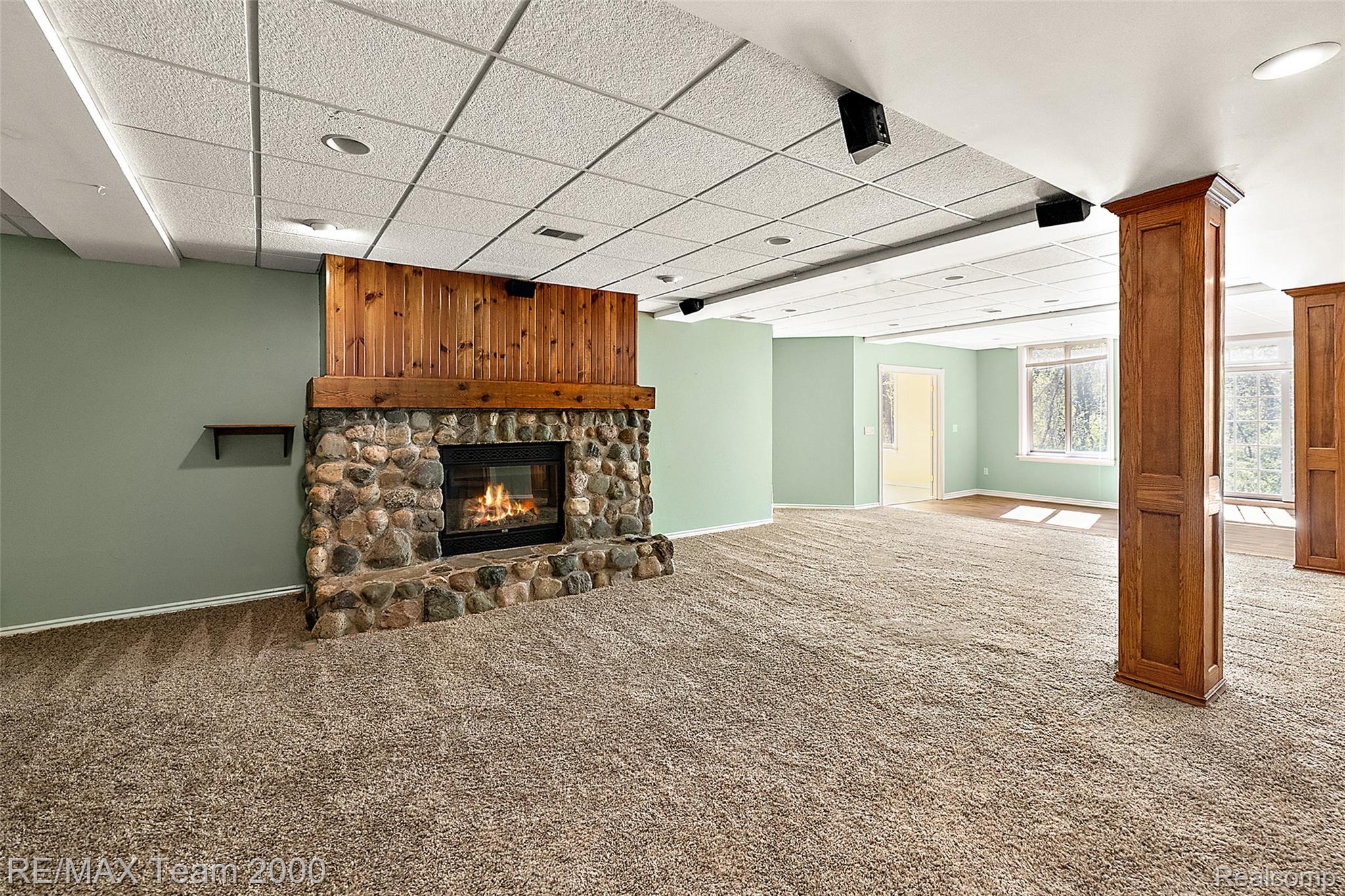 630 Sheldon Court Rochester, MI 48306 - Photo 67 of 94 Unfurnished living room featuring a paneled ceiling, carpet, and a stone fireplace