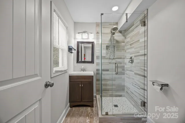 a bathroom with a shower sink and mirror