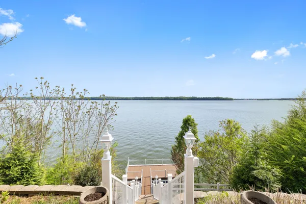 an aerial view of a house with a yard and a large tree
