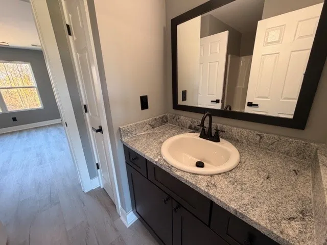 a bathroom with a granite countertop sink and a mirror