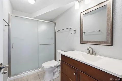 a bathroom with a sink a mirror a toilet and shower