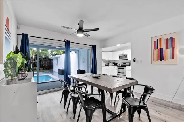 a view of a dining room with furniture window and wooden floor